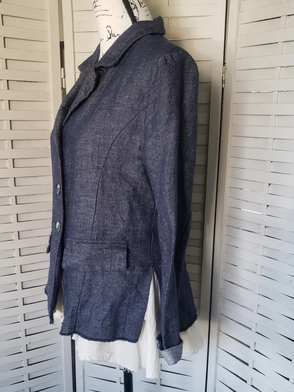 Amici By Baci Dark Blue Women's Tailored Button-Front Jacket Distress Size M